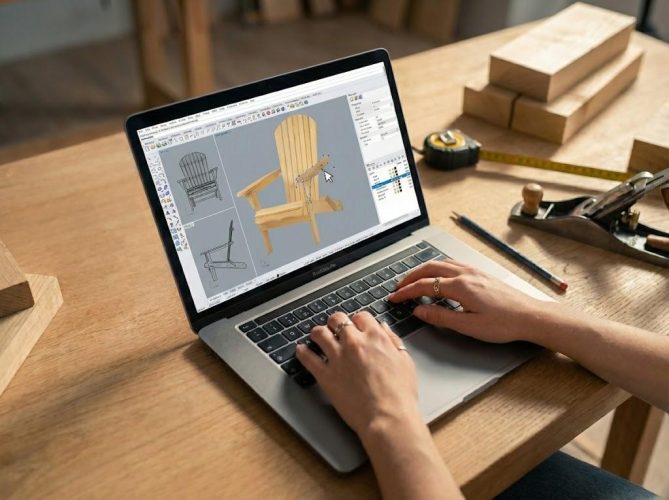 Worker inspecting outdoor furniture structure