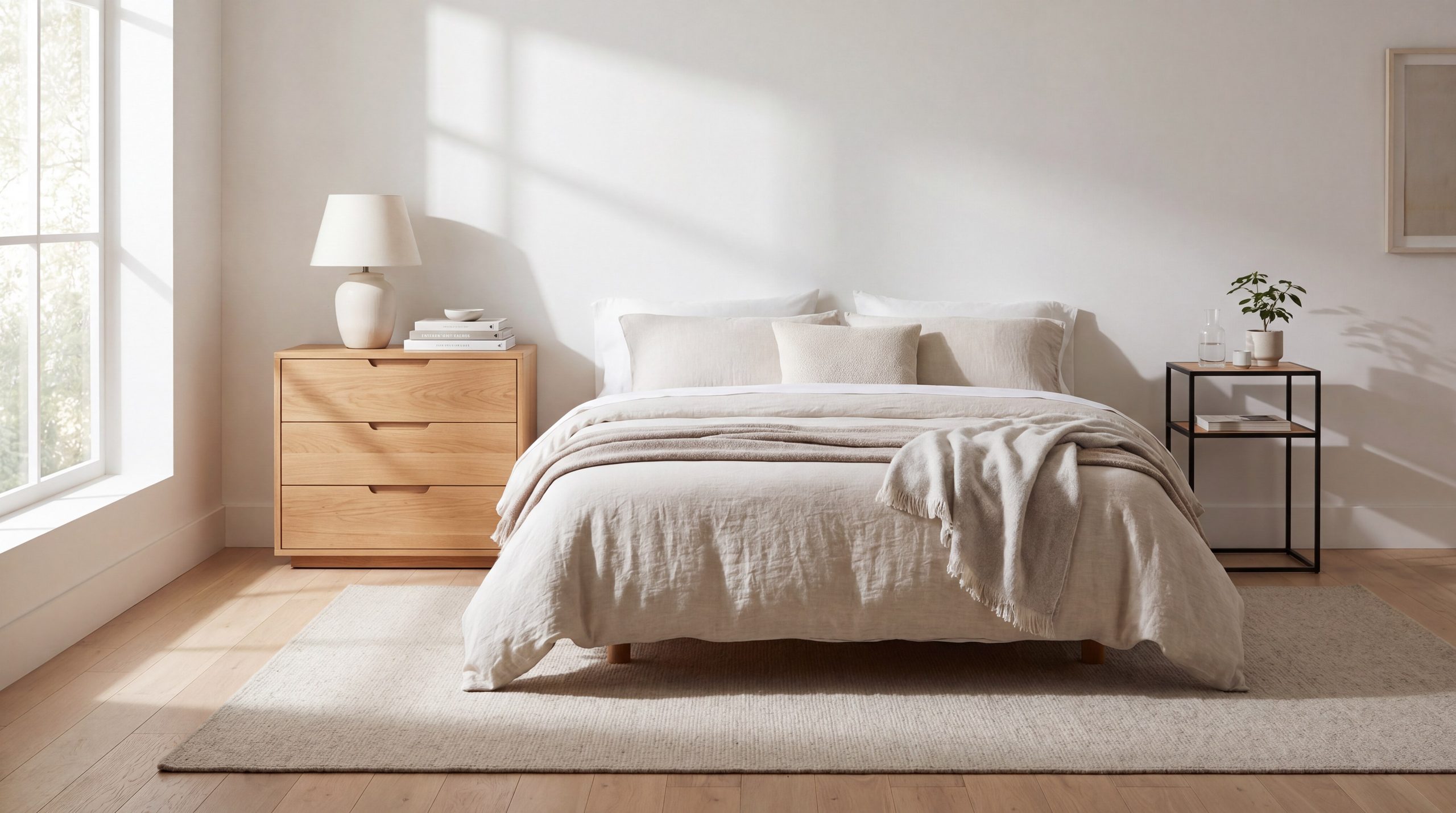 Modern Minimalist Bedroom with Contrasting Bedside Tables