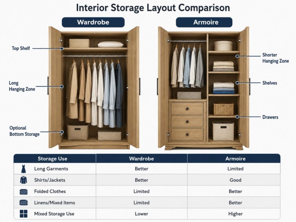 armoire vs. wardrobe interior storage layout comparison