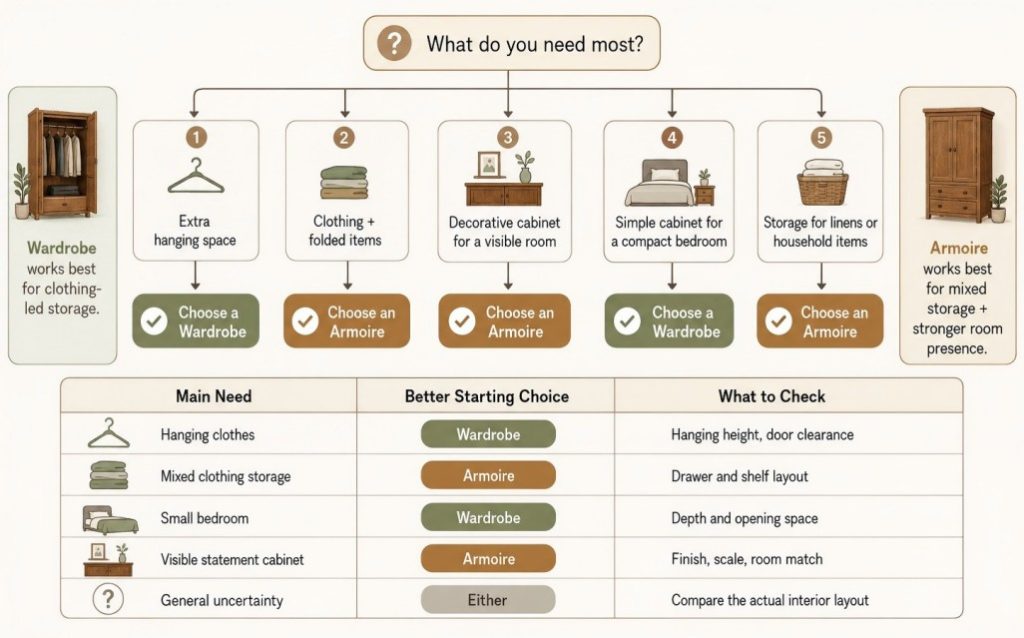 armoire vs wardrobe selection flowchart by storage needs
